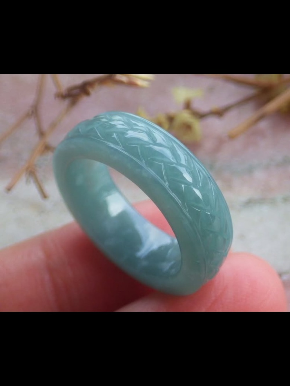 Elegant certificate jadeite jade luck carved link ring size4.75
